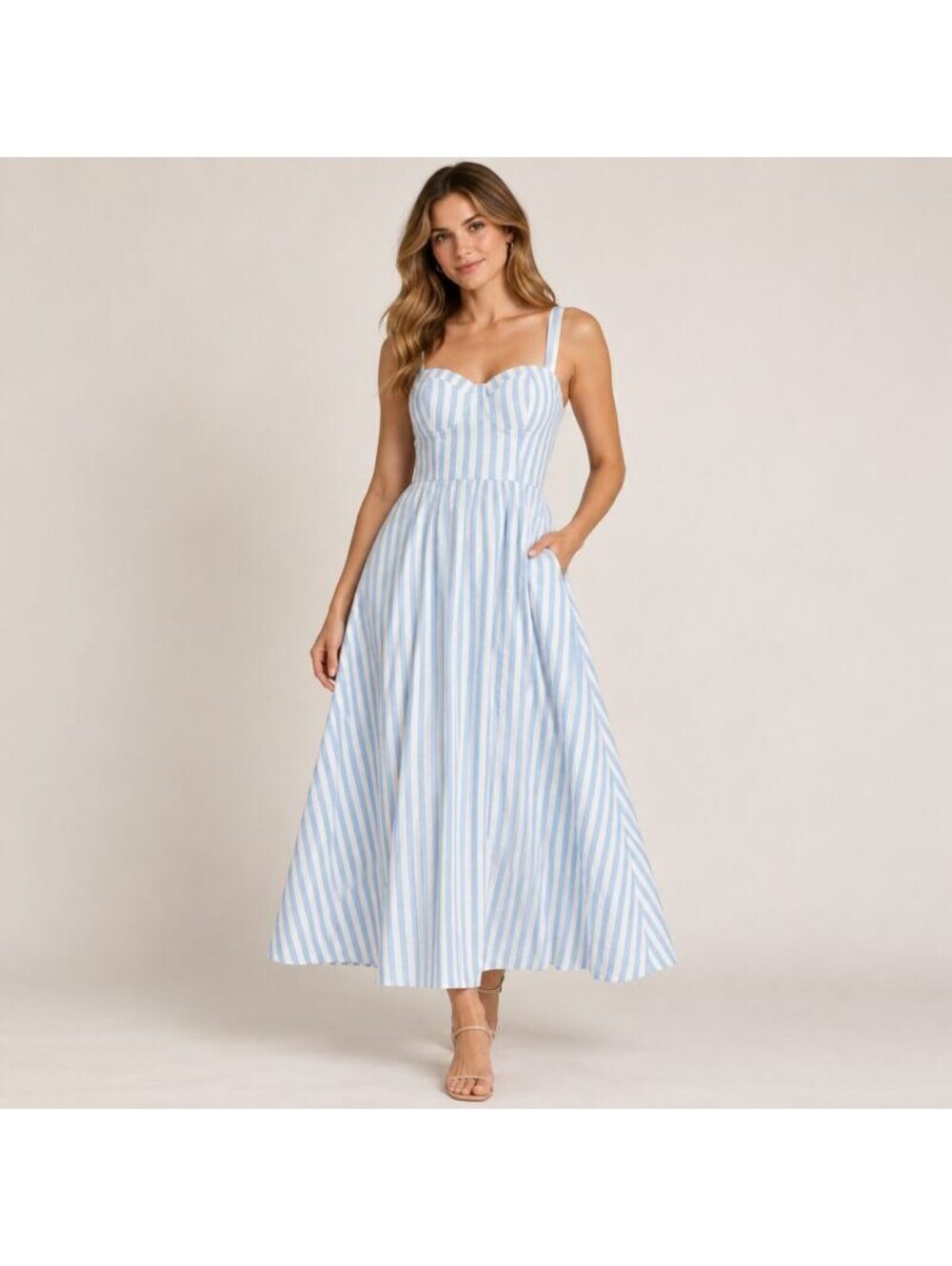 ASTR The Label Blue Stripe Bustier Maxi Dress Size L Cotton Blend